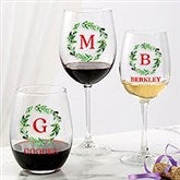 Personalized Christmas Wine Glasses - Holiday Monogram Wreath - 24725