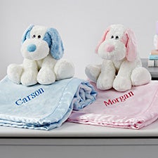Embroidered Satin Trim Baby Blanket with Plush Puppy Set - 32706