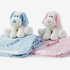 Embroidered Satin Trim Baby Blanket with Plush Puppy Set - 32706
