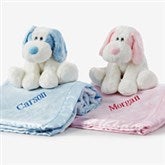 Embroidered Satin Trim Baby Blanket with Plush Puppy Set - 32706
