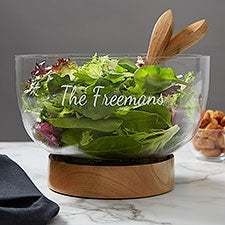 Personalized Salad Serving Bowl with Acacia Wood Base - Brisbane Collection - 38190