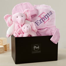 Embroidered Satin Trim Pink Baby Blanket with Clothes Set - 40824
