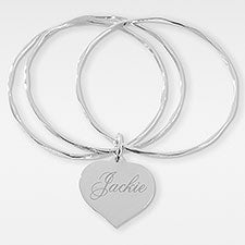 Personalized Birthday Silver Heart Bangle Bracelet - 41946