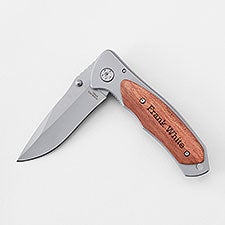 Engraved Matte Grey and Wood Pocket Knife for Him  - 42861