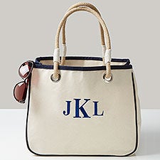 Navy Embroidered Canvas Rope Tote Bag  - 43279