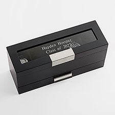 Engraved Graduation Black Wooden Watch Box with Drawer - 43514