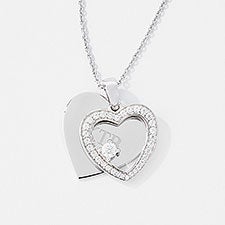 Engraved Memorial Sterling Silver Pave Heart Swing Necklace  - 43542