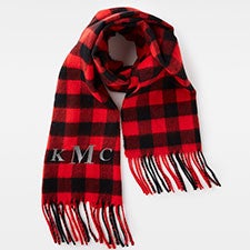 Embroidered Soft Fringe Scarf in Black and Red Buffalo Plaid - 45976