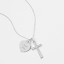 Engraved Sterling Silver Pave Cross and Heart Swing Necklace - 46137