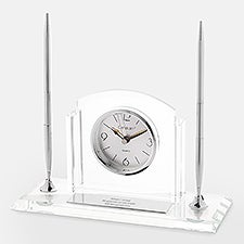 Engraved Glass Clock and Double Pen Stand - 46199