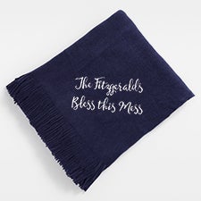 Embroidered Navy Knit Fringed Throw Blanket   - 47700