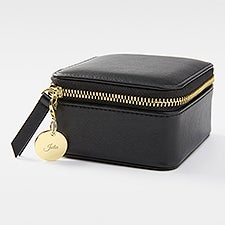 Engraved Black Leather Travel Jewelry Case with Charm  - 48219