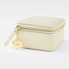 Engraved Off-White Leather Travel Jewelry Case with Charm   - 48221
