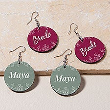 Floral Name Personalized Round Dangle Earrings  - 48652