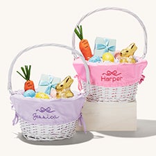 Darling Bow Embroidered White Easter Basket with Folding Handle - 54013