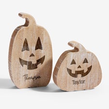Jack-O-Lantern Faces Engraved Wooden Pumpkin - 54945
