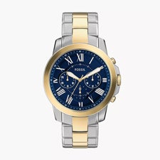 Engraved Fossil Grant Two Tone Blue Dial Stainless Watch - 55451