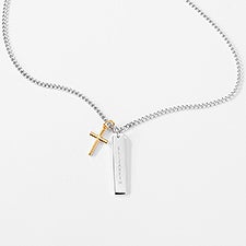 Engraved Gold & Sterling Silver Cross and Bar Necklace  - 56460