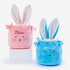 Bunny Face Embroidered Velvet Drawstring Easter Treat Bag - 57190