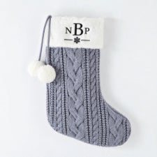 Embroidered Blue Grey Cable Stocking with Faux Fur Cuff by Nikki Boyd - 58680