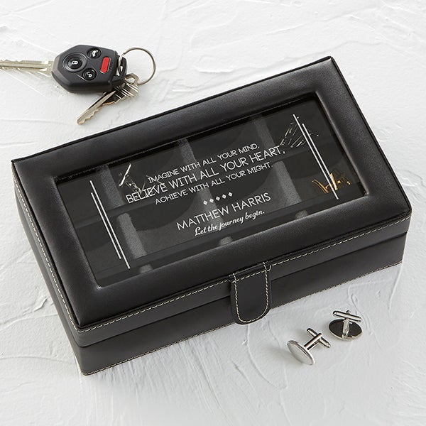 Personalized Black Leather Accessory Box - 12 Slots - 16713