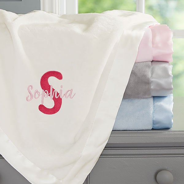 Embroidered Satin Trim Baby Blanket - Name & Initial - 21732