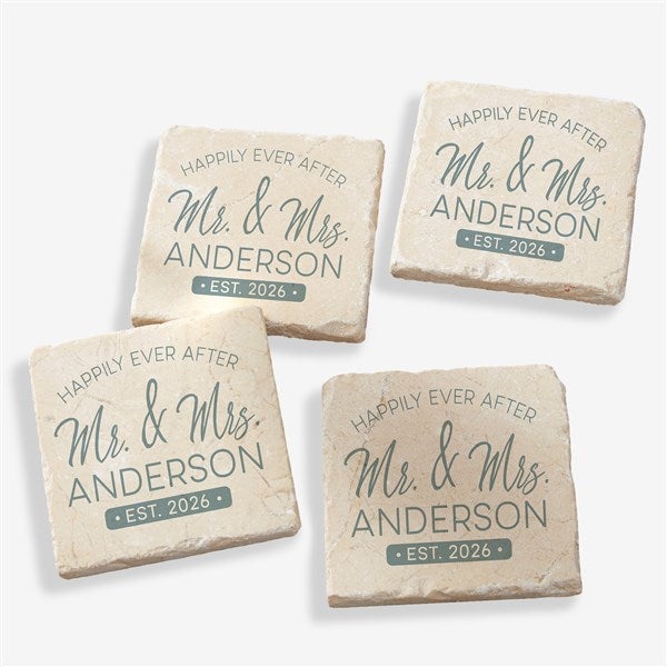 Stamped Elegance Wedding Personalized Tumbled Stone Coaster Set - 23657