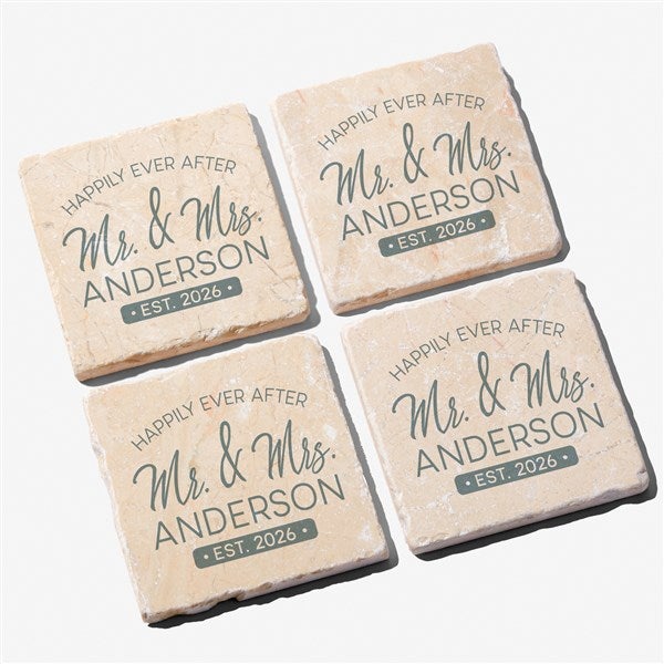 Stamped Elegance Wedding Personalized Tumbled Stone Coaster Set - 23657
