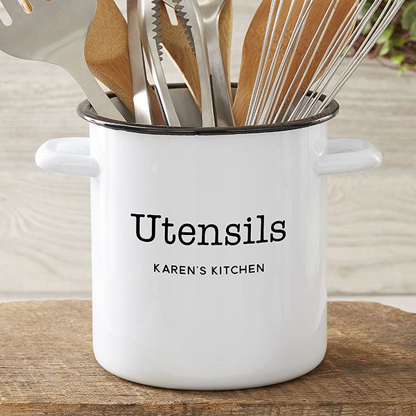 Personalized White Enamel Kitchen Utensil Holder