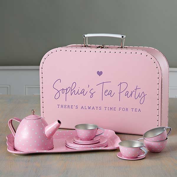 Pink Polka Dot Personalized Kids Tea Set with Case - 31521