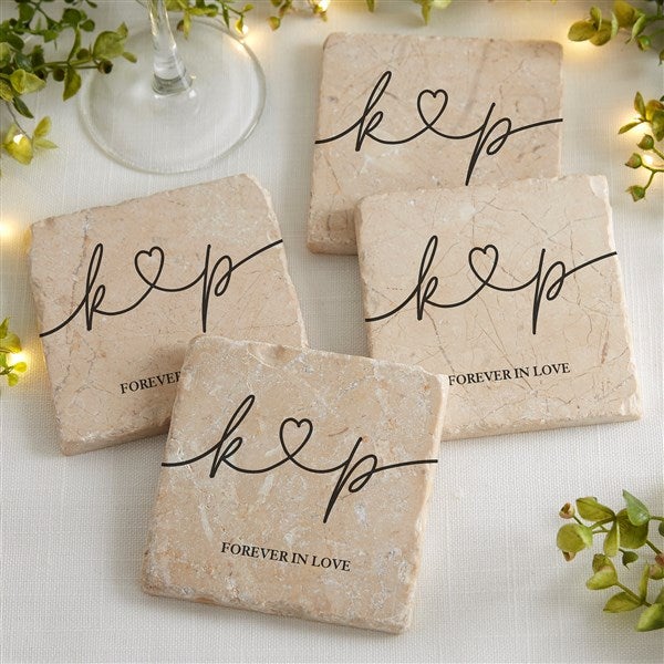 Drawn Together By Love Personalized Tumbled Stone Coaster Set