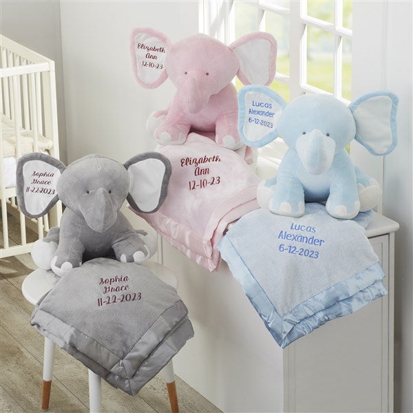 Embroidered Blue Satin Trim Baby Blanket & Jumbo Plush Elephant Set