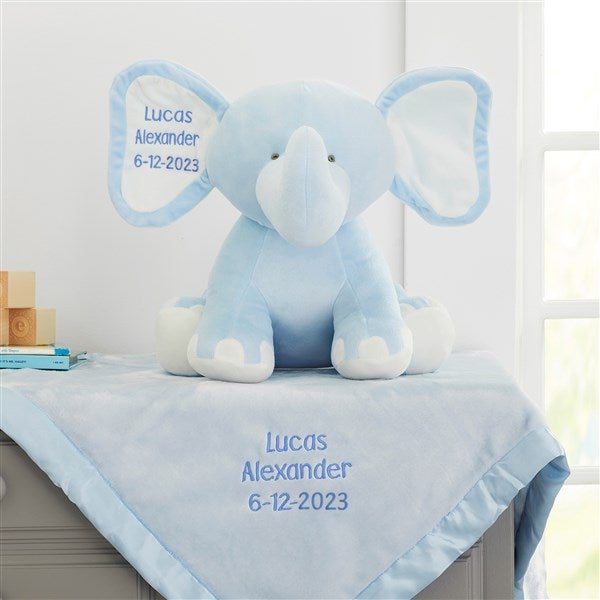 Embroidered Blue Satin Trim Baby Blanket & Jumbo Plush Elephant Set