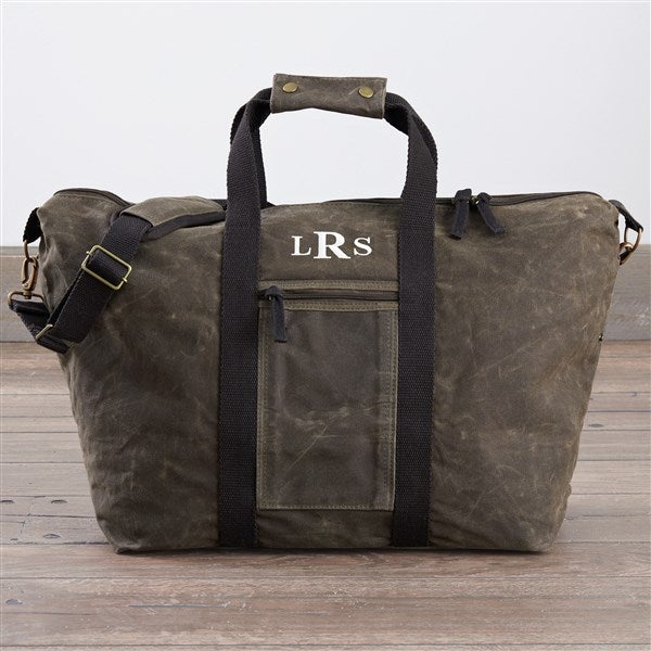 Embroidered Olive Waxed Canvas Weekender Bag  - 36571