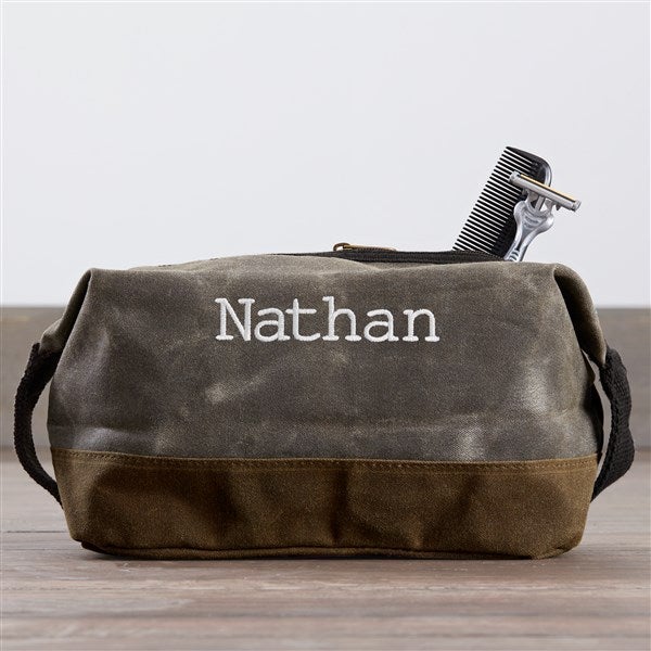 Embroidered Olive Waxed Canvas Travel Toiletry Bag - 36572