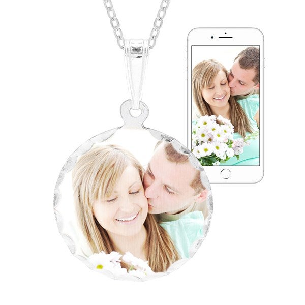 Personalized Color Photo Diamond Cut Round Pendant Necklace  - 36861D