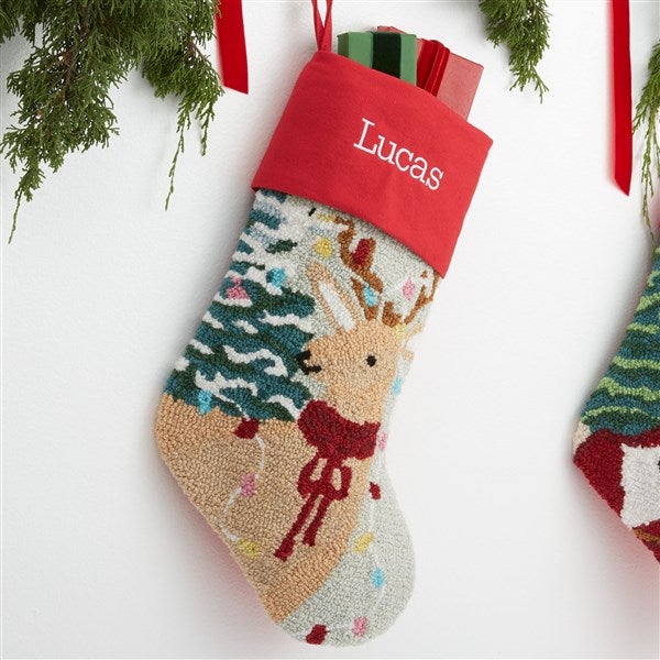Classic Reindeer Embroidered Hooked Christmas Stocking — free download