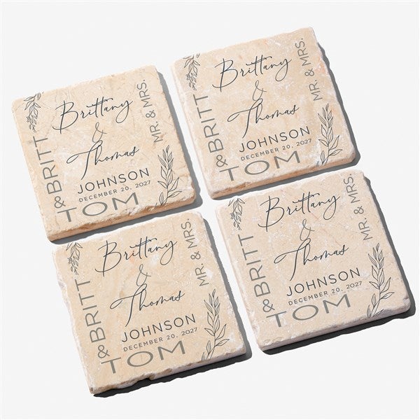 Elegant Couple Personalized Wedding Tumbled Stone Coaster Set  - 37823