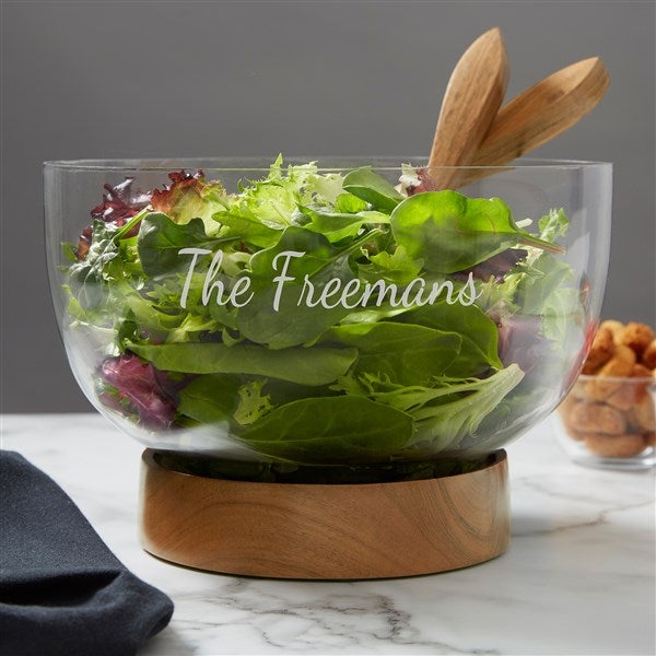 Personalized Salad Serving Bowl with Acacia Wood Base - Brisbane Collection - 38190