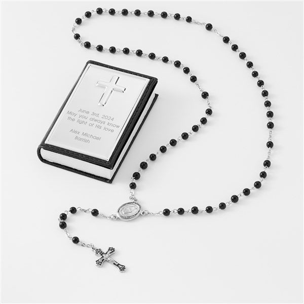 First Communion Black Rosary and Engraved Keepsake Box - 41828