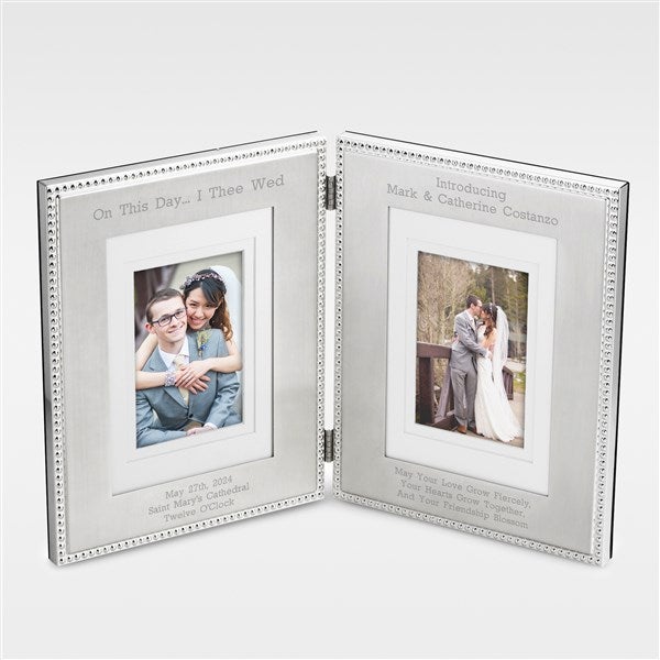 Engraved Wedding Silver Beaded Double Picture Frame - 41906