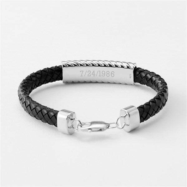 Engraved Sterling and Leather ID Bracelet for Him
