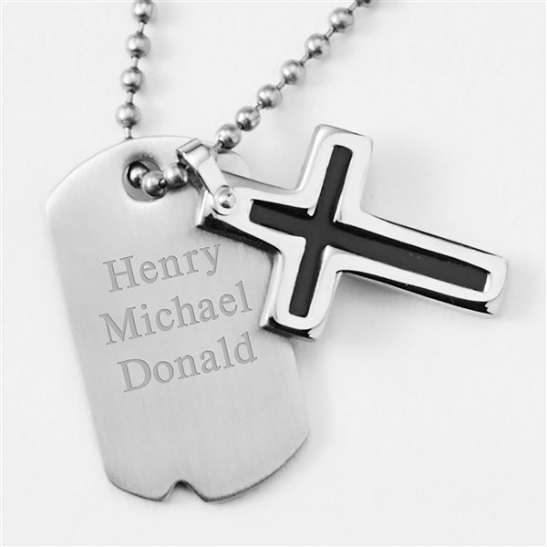 Children's Engraved Cross Dog Tag Necklace Flowers - 42786