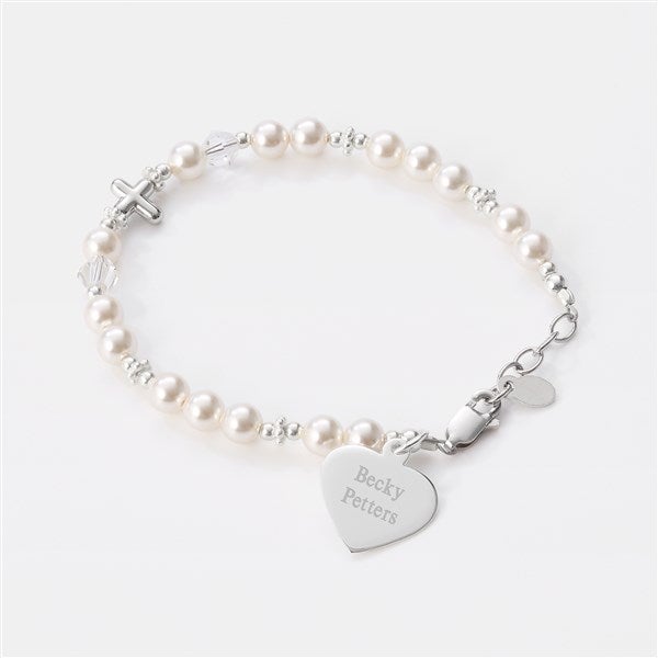 Children's Engraved Sterling Silver Beaded First Communion Bracelet Flowers - 42914