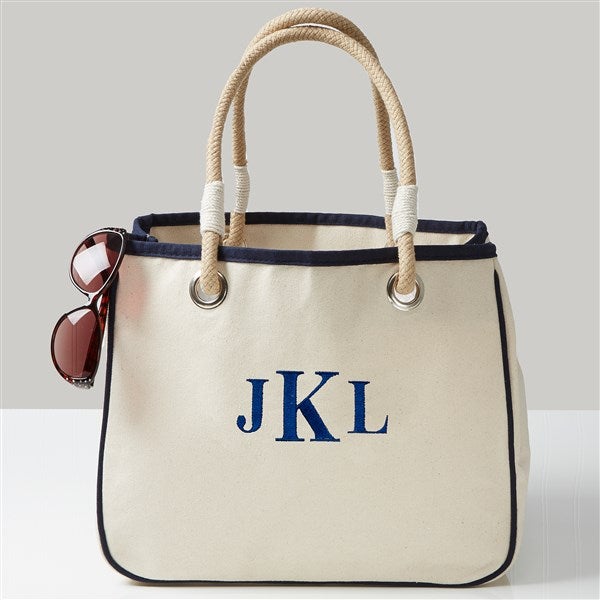 Navy Embroidered Canvas Rope Tote Bag  - 43279