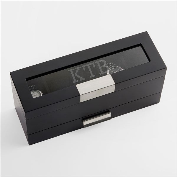 Engraved Monogram Black Wooden Watch Box with Drawer - 43512