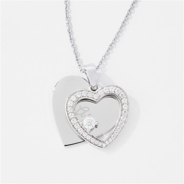 Engraved Sterling Silver Romantic Pave Heart Swing Necklace  - 43539