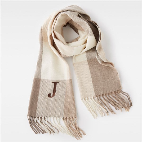 Embroidered Soft Patterned Fringe Scarf in Neutral Plaid - 45905