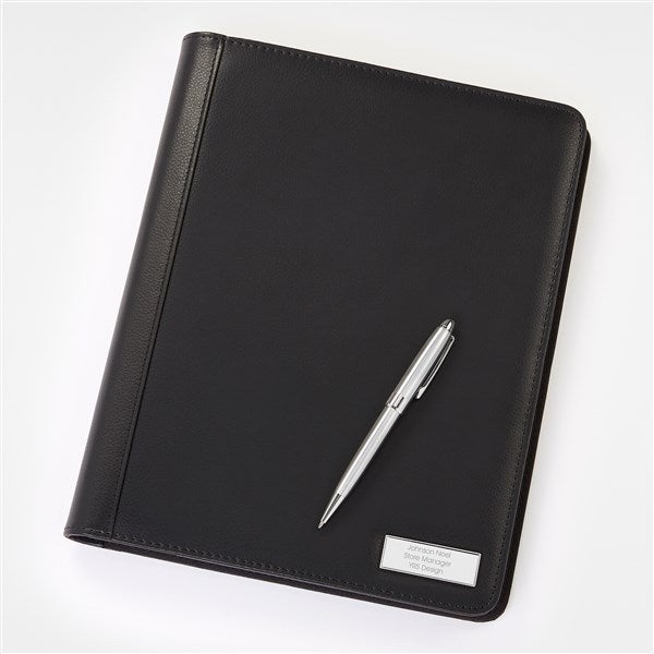 Engraved Black Leather Padfolio and Pen Set - 45920