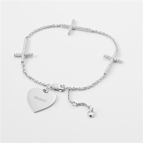 Engraved Sterling Silver Pave Cross Station Bracelet - 46121